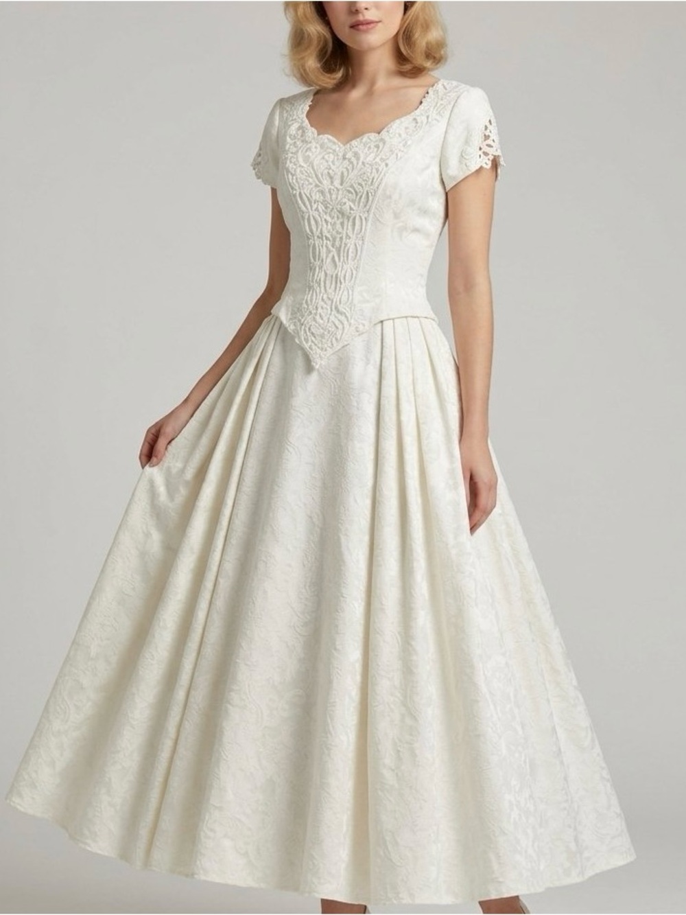 VTG Jessica McClintock Cottagecore Brocade Basque Waist Wedding Dress Size 8